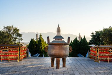 Dali, China - December 1, 2023 : View of Three pagodas temple in Dali, HDR Image clipart
