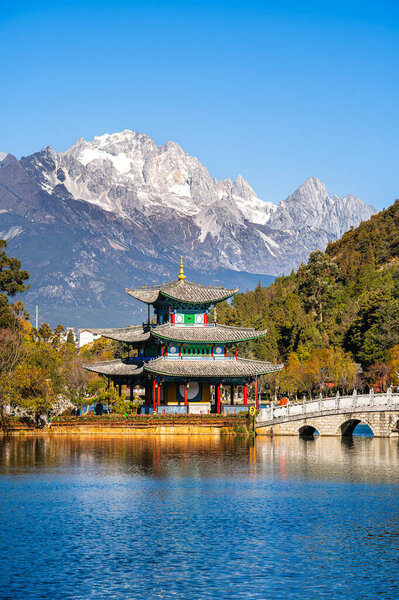 Lijiang, China - December 3 2023 : Historical city landmarks in sunny weather