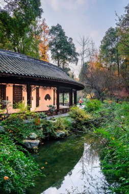 Chengdu, Çin - 2 Aralık 2023: Du Fu Thatched Cottage Park, HDR Image