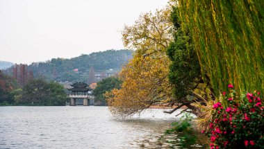 Hangzhou, Çin - 3 Aralık 2023: Bulutlu havada tarihi merkez şehir, HDR Görüntü