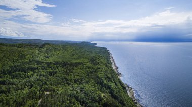 Kanada, Quebec 'teki Gaspe Yarımadası kıyısındaki Saint Lawrence Nehri' nin insansız hava aracı görüntüsü.