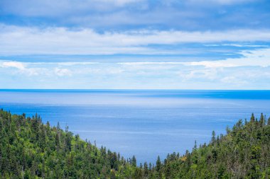 Kanada, Quebec 'teki Gaspe Yarımadası kıyısındaki Saint Lawrence Nehri' nin insansız hava aracı görüntüsü.