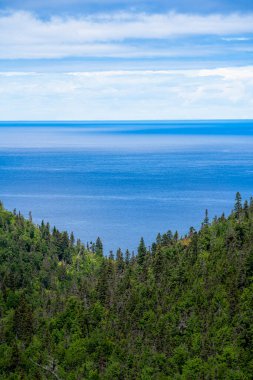 Kanada, Quebec 'teki Gaspe Yarımadası kıyısındaki Saint Lawrence Nehri' nin insansız hava aracı görüntüsü.