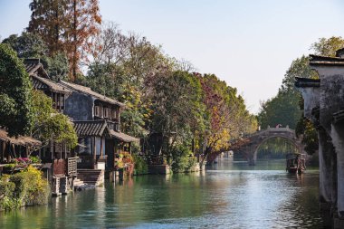 Wuzhen, Çin - 3 Aralık 2023: Kışın tarihi şehir merkezi, HDR Image