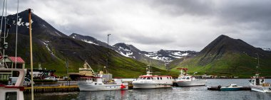 Siglufjordur, İzlanda - 23 Temmuz 2024: İzlanda 'da güzel bir balıkçı kasabası manzarası