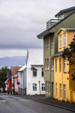 Reykjavik, İzlanda - 28 Temmuz 2024: Renkli binalarla tarihi şehir manzarası 