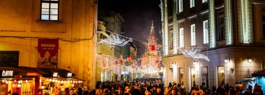 Timisoara, Romanya - 10 Aralık 2024: Yılbaşı zamanı tarihi merkez