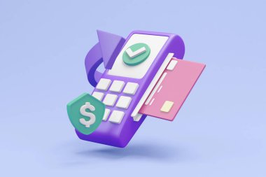 Bir kart okuyucu, kart okuyucu, kredi kartı, kalkan, dolar işareti, kontrol işareti ve okun yüzen unsurları ile bankamatik ödemelerinin güvenlik ve kolaylığını gösteren ayrıntılı bir 3D görüntüleyici