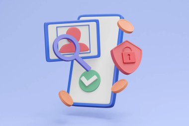 Bir akıllı telefon, bozuk para, yüz simgesi, ekran, büyüteç, kalkan, asma kilit ve işaretli yüzey elemanları ile yüz tanıma ödemelerinin güvenlik ve kolaylığını gösteren ayrıntılı bir 3D görüntüleyici