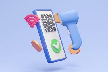 Barkodun kolaylığını ve güvenliğini gösteren üç boyutlu detaylı bir çizim ve akıllı telefon ve sikkelerin yüzen elemanları ile QR kod ödemeleri