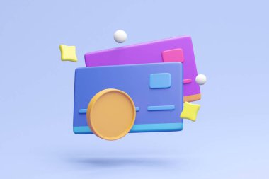 Kredi kartı ödemelerinin basitliğini ve güvenliğini gösteren, kredi kartı ve madeni paraların yüzen unsurlarıyla modern bir 3D tasvir.