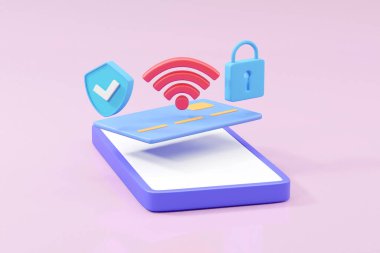 Telefon, NFC, cüzdan, kredi kartı, kalkan, kontrol işareti ve asma kilit gibi yüzen unsurlarla mobil ödemelerin güvenliğini ve kolaylığını vurgulayan ayrıntılı bir 3D çizici