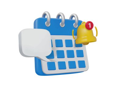 Bildirimleri ve mesaj kutularıyla birlikte bir takvim simgesinin 3D oluşturulmuş vektör illüstrasyonu. Zaman yönetimini temsil eden önemli olaylar beyaz arkaplanda numaralar bulunan çanlar.