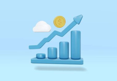 Bir mavi çubuk grafik simgesinin yukarı bakan bir okla üç boyutlu vektör illüstrasyonu. Ticari büyüme, başarı ve ekonomik kalkınma kavramları beyaz bir bulut sembolü ve bir altın paradan oluşur..