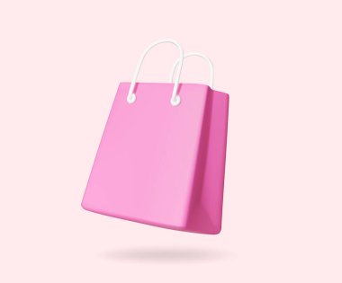 Açık arkaplanda izole edilmiş pembe alışveriş poşeti simgesinin 3 boyutlu vektör çizimi. Alışveriş kavramlarını veya ürün promosyonlarını sergilemek için uygun.