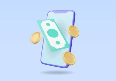 3D vektör, akıllı telefon ekranında yüzen banknot ve altın sikke simgelerinin resimlerini çizdi. Çevrimiçi mali işlem kavramı Mobil ödemeler, para transferleri veya ticari işlemler
