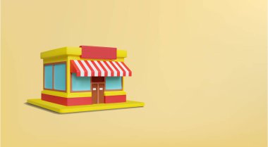Küçük dükkan veya perakende mağaza simgesinin vektör 3 boyutlu görüntüsü. Ticari bina. Alışveriş konsepti. İş, pazarlama, web sitesi, başvuru, e-ticaret, satış, promosyon için modern minimalist tarz tasarımı.