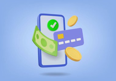 Mobil ödeme kavramını gösteren 3 boyutlu vektör çizimi. Akıllı telefonlar, kredi kartları, banknotlar ve paralarla dijital işlemler, bankacılık, nakitsiz ve mali teknolojiyi temsil ediyor.