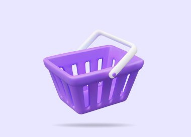 Çevrimiçi alışverişi temsil eden beyaz saplı, minimalist mor bir alışveriş arabası ikonunun 3 boyutlu temsili. Alışveriş ve dijital işlemlerde uygunluk, e-ticaret, uygulamalar