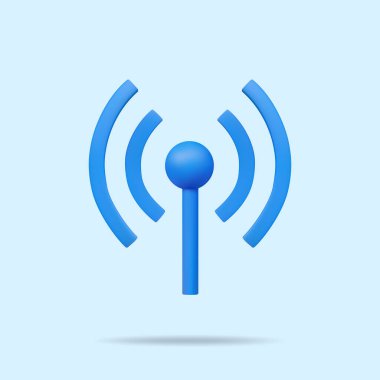 Mavi ve basit arkaplanda bir minimalist Wi-Fi veya kablosuz ağ sinyal simgesinin 3D vektör çizimi. Kablosuz iletişim, internet ve teknoloji kavramının temsili