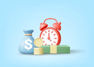 Para çantası, banknotlar, bozuk para yığını ve alarm saati simgesinin 3 boyutlu çizim vektörü. Verimli mali yönetim ve yatırım kavramı. Yatırımdan elde edilen kâr, zamanında planlama.