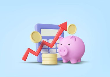 3D çizim vektörü hesap makinesi simgesi, kumbaralı, altın sikkeli ve yukarı ok. Finansal planlama kavramı, para tasarrufu ve uzun vadeli büyüme de dahil olmak üzere etkili bütçe yönetimi.