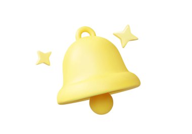 Beyaz arkaplanda izole edilmiş yıldız dekorasyonlu sarı minimalist çan simgesinin 3 boyutlu tasviri. Bildirim sembolü, haber alarmı, çan sesi, dijital.