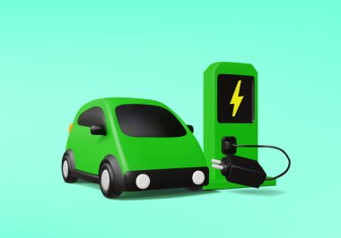3D Vektör İllüstrasyonu Yeşil Elektrikli Araba Simgesi Şarj İstasyonuna Bağlandı. Temiz Enerji, Elektrikli Araçlar ve Sürdürülebilir Ulaşım Gelecek Konsepti. EV Infographic, Environment, App için
