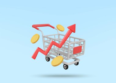 3D Illustration Vektör Render Alışveriş Arabası Simgesi, Grafik ve Bozukluklar. Alışveriş, Planlama, Bütçe Geliştirme, Mali Büyüme veya Harcama Denetleme için Bütçe Yönetimi Konsepti.