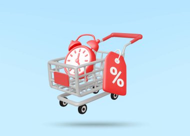Alışveriş Arabası Simgesi, İndirimli Kupon ve Alarm Saatinin 3D Vektör Resimleri. Terfiyi yakalamak için alışveriş konsepti. En kısa zamanda alışveriş arabasından alışveriş yapacağım. Satın alma kararı.