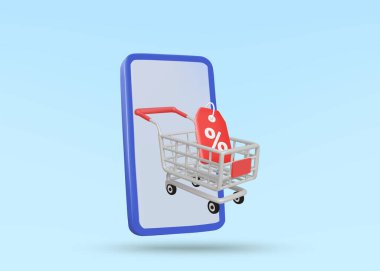 3D Vector Illustration Rending of Shopping Cart Icon, Discount Coupon and Mobile Phone. Çevrimiçi alışveriş ve ticarette indirim almak için dijital kupon kullanma kavramı. Tasarruf İçin Özel Terfi