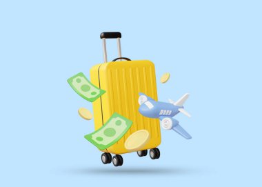 3D Vector Illustration Render Icon of Suitcase, Banknotes, Coins and Airplane. Seyahat Öncesi Bütçe Planlama Konsepti, Turizm, Para Yönetimi, Uluslararası Seyahat, Şehirlerarası Seyahat.