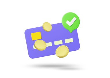 3D illüstrasyon, kredi kartı, para ve işaret işaretinin vektör simgesi. Finansal işlemde güven ve geçerlilik kavramı. Dijital, güven, onay, güvenlik. Beyazda izole edilmiş