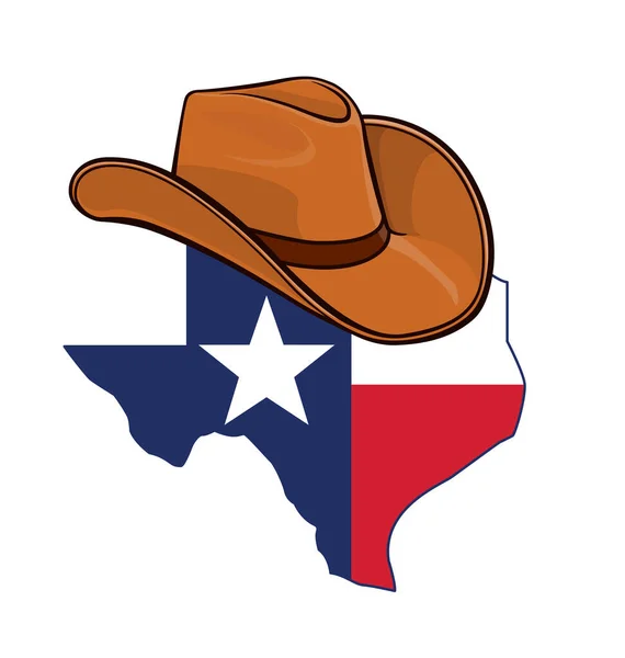 Texas Mappa Stato Con Bandiera Cappello Cowboy — Vettoriale Stock