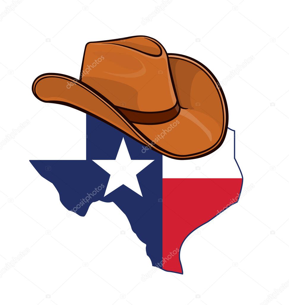 Texas state map with flag and cowboy hat