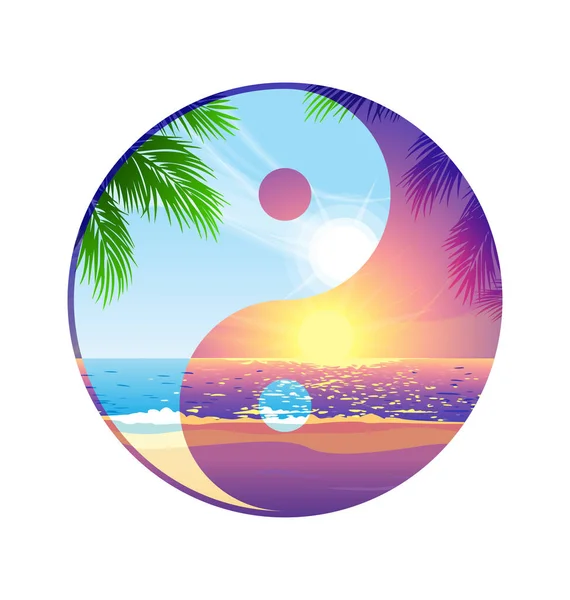 Yin Yang Symbol Mit Strand Tag Und Abend — Stockvektor