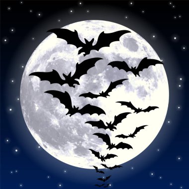 spooky flying bats against full moon