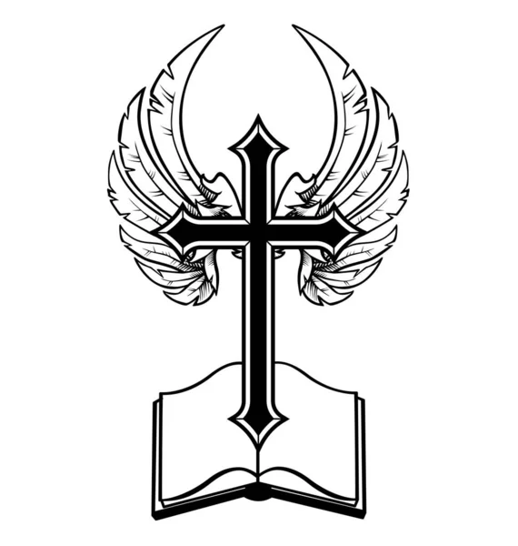 Християнський Хрест Ангельськими Крилами Відкритою Біблією — стоковий вектор