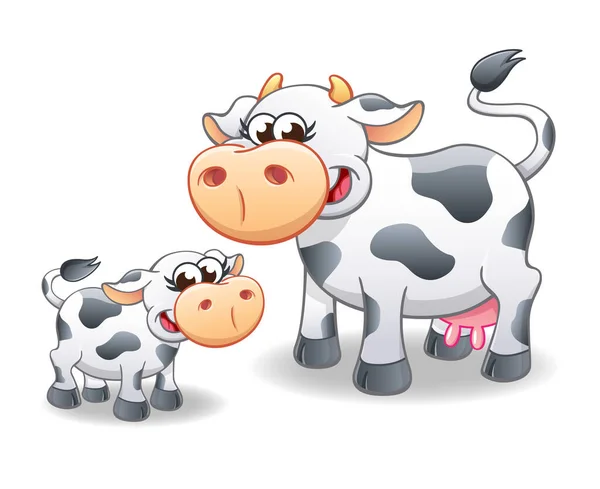 Niedlich Lächelnde Cartoon Kuh Mit Kälberfiguren — Stockvektor