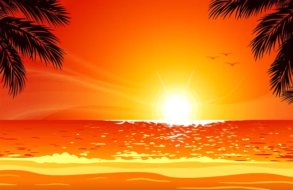 Ζεστό Τροπικό Ηλιοβασίλεμα Παραλία Φοίνικες — Διανυσματικό Αρχείο