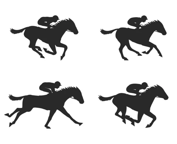 Galloping Racehorse Jockey Silhouette Set — Stock Vector