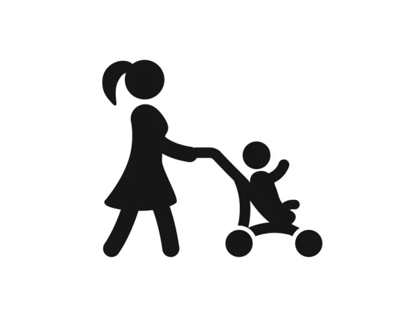 Mother Pushing Baby Pram Silhouette — Stock Vector