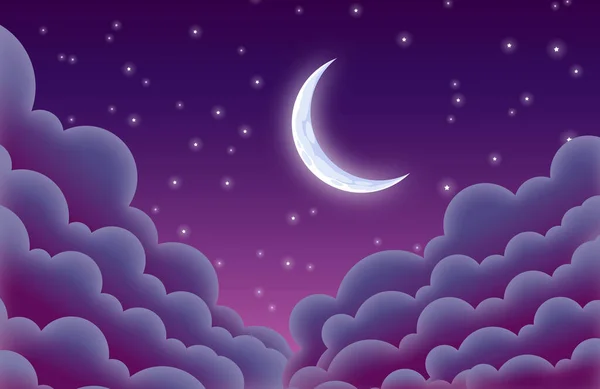 Beautiful Starry Crescent Moonlit Night Abouve Clouds Vector Background — Stock Vector