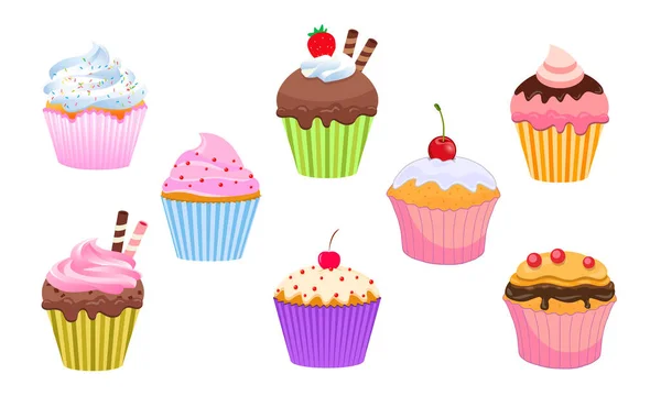 Vários Clássico Cartoon Cupcake Conjunto Simples — Vetor de Stock