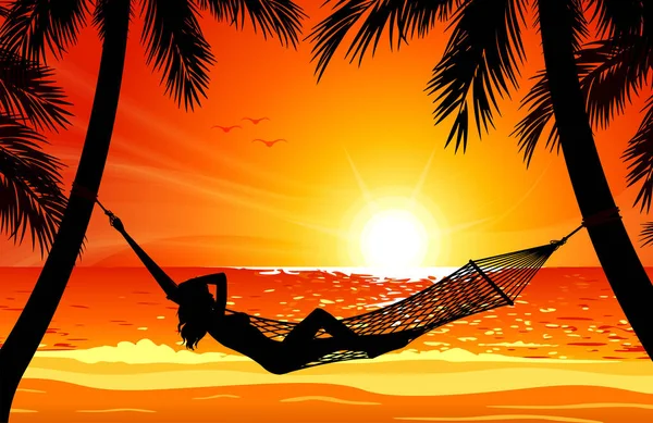 Woman Hammock Tropical Beach Sunset — Stock Vector