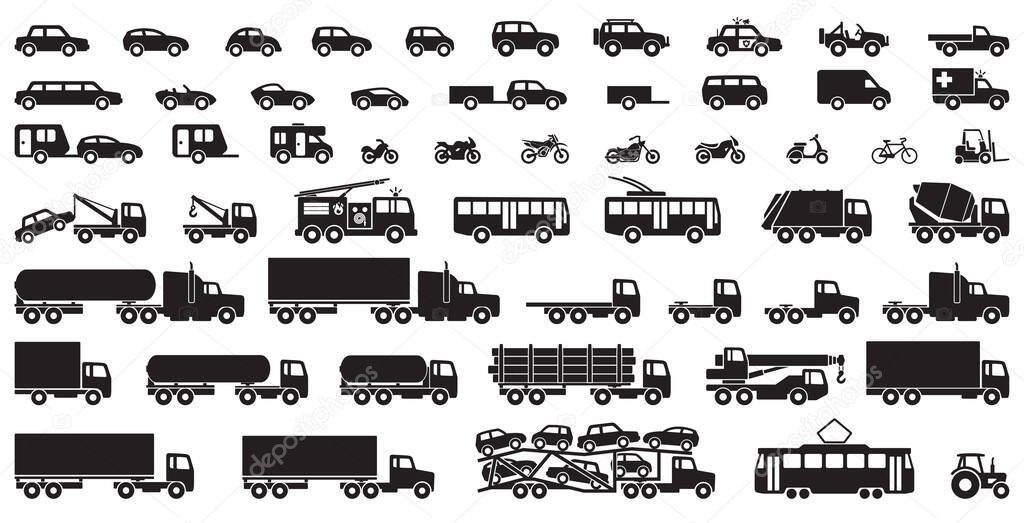 Large set of simple vehicle silhouettes icons