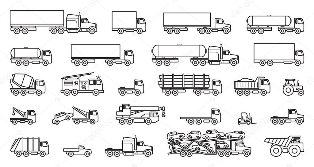 Various simple truck outline silhouettes set