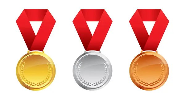 リボン付きのシンプルな金の銀の銅メダル — ストックベクタ