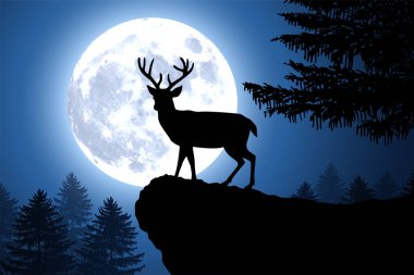 Ren geyiği geyiği geyiği silueti Dolunayda orman arka planında kaya çıkıntısında