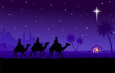 Klasik Noel İsa 'nın doğumu. Ahırda üç bilge adam ve yıldız mor sahne çizimi.